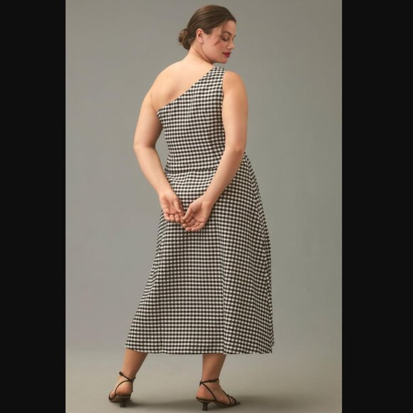 Donating 2/22 NWT [By Anthropologie] One-Shoulder Gingham Midi Dress - Picture 3 of 12
